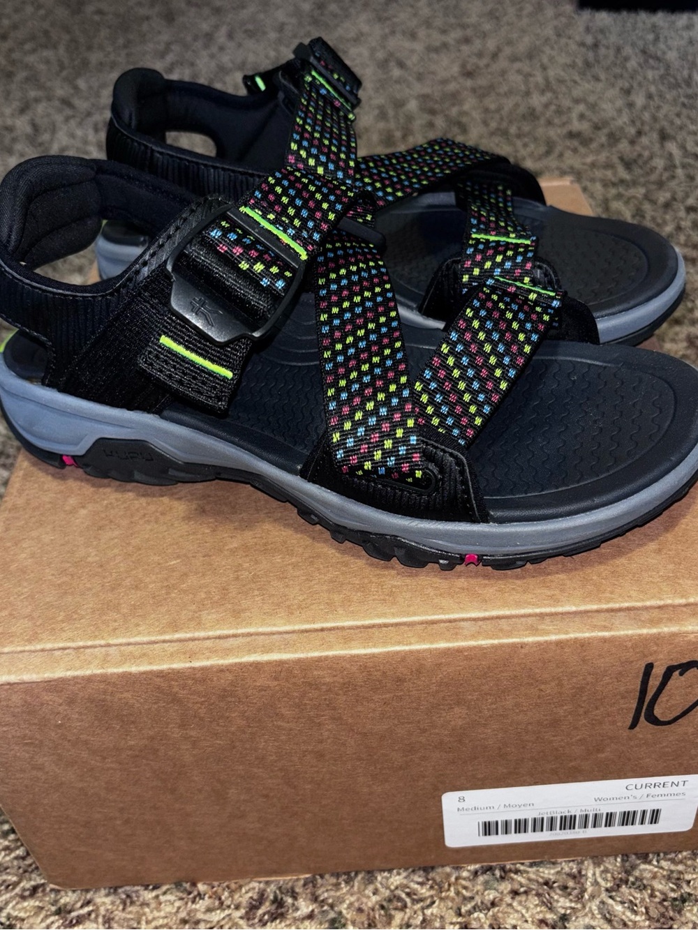 Kuru Current Womens Size 8 Black Multi Beach Walking Outdoor Strappy Sandals